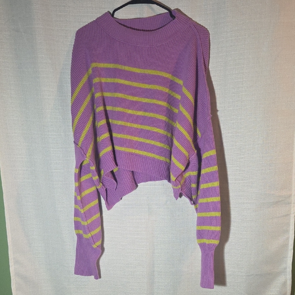 Free People Purple and Lime Striped Cropped Crewneck Sweater